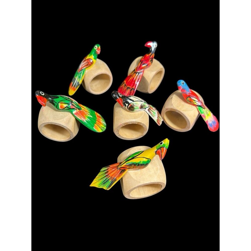 6 Vtg NOS Napkin Rings Tropical Colorful Parrot Wooden Hand Painted I Magnin